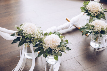 Flowers for the free wedding. Flower decoration for free weddings outside. White Hydrangea