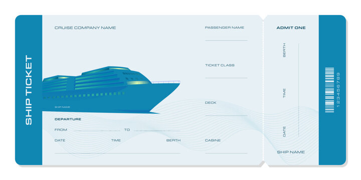 Ship ticket template in a modern style of blue colors. For cruise and travel companies, for other projects. Can be used for printing.