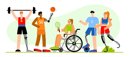 Fototapeta na wymiar Happy athletes with disabilities. Flat vector illustration