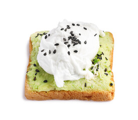 Delicious toast with avocado cream, poached egg and black sesame seeds isolated on white