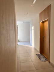 Vertical photo of long house corridor with a wooden door to flats. Indoor concept of a contemporary passage.