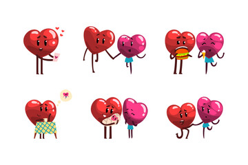 Cute Humanized Heart Character Having Romantic Relationship and Dating Vector Set