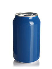 Blue aluminum can isolated on white. Mockup for design