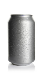 Gray aluminum can with water drops isolated on white. Mockup for design