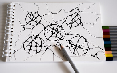Hand drawn neurographic drawing. Abstract neurographic drawing. Neurographic drawing on paper with...
