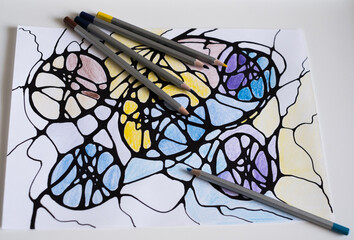 Abstract neurographic drawing. Neurographic drawing on paper with color pencils. Neurographic...