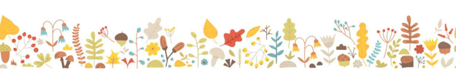 Seamless border of hand drawn leaves, acorn, mushroom, branch and berries. Horizontal banner, botanical autumn illustration, fall, season. Thanksgiving and Harvest Day. Vector pattern with cute plants