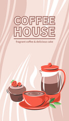 Coffee maker, coffee and cakes. Banner for coffee house, coffee shop, cafe-bar, restaurant, menu. Vector illustration