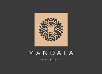 Gold mandala flowers logo design template. Luxury mandala logo