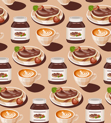 Pot with chocolate cream, piece of bread and cup of coffee. seamless pattern. Still life, composition on the table. Vector.