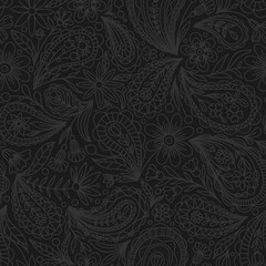 BLACK VECTOR SEAMLESS BACKGROUND WITH GRAY PAISLEY CONTOUR PATTERN