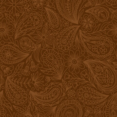 MUSTARD VECTOR SEAMLESS BACKGROUND WITH BEIGE PAISLEY CONTOUR PATTERN