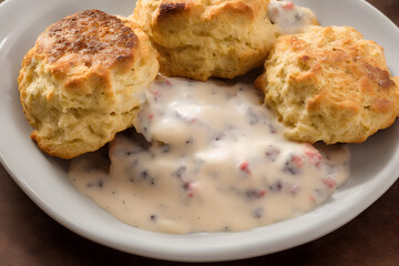 biscuits and gravy, breakfast food item, a yummy and savory meal