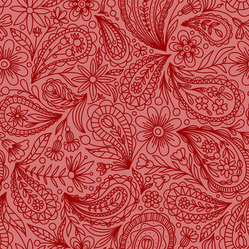 PINK VECTOR SEAMLESS BACKGROUND WITH RED PAISLEY CONTOUR PATTERN
