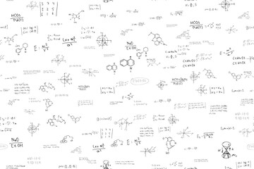 Mathematics, chemistry, physics. hand-drawn. scientific, educational expressions and equations.