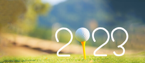 Golf ball for Happy New Year 2023 on the green golf for new healthy sporty, copy space. Healthy and Holiday Concept.