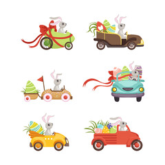 Cute Hare with Long Ears Driving Retro Car Carrying olored Easter Eggs Vector Set