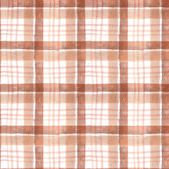 Watercolor brown orange checkered pattern seamless on white backgroud.