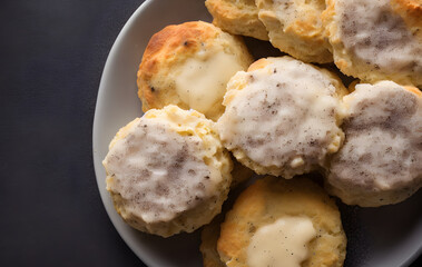 biscuits and gravy, breakfast food item, a yummy and savory meal