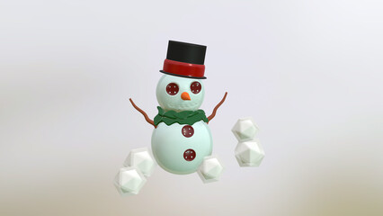 snowman with red hat, green scarf and carrot on snow illustration 3D
