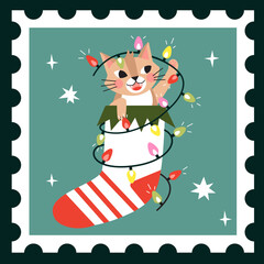 Christmas card illustration with cat and lights in sock
