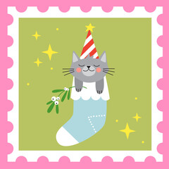 Christmas card illustration with cat sleeping in sock