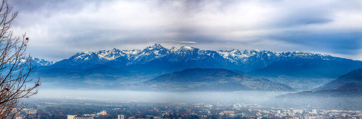 Naklejka na ściany i meble Grenoble France 11/2021 vue de Grenoble depuis les hauteurs de la bastille, célèbre pour son téléphérique appelé les bulles de Grenoble.