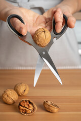 pair of kitchen scissors that can open walnuts with some nuts