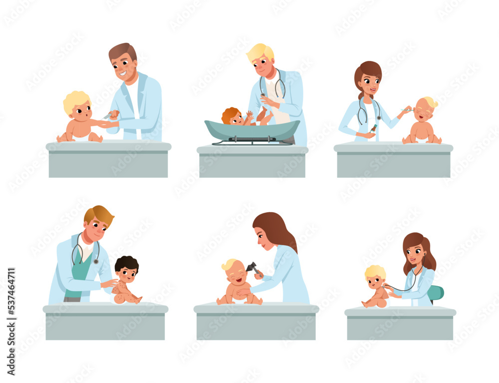 Wall mural man and woman pediatrician or medical doctor performing baby checkup and examination vector set