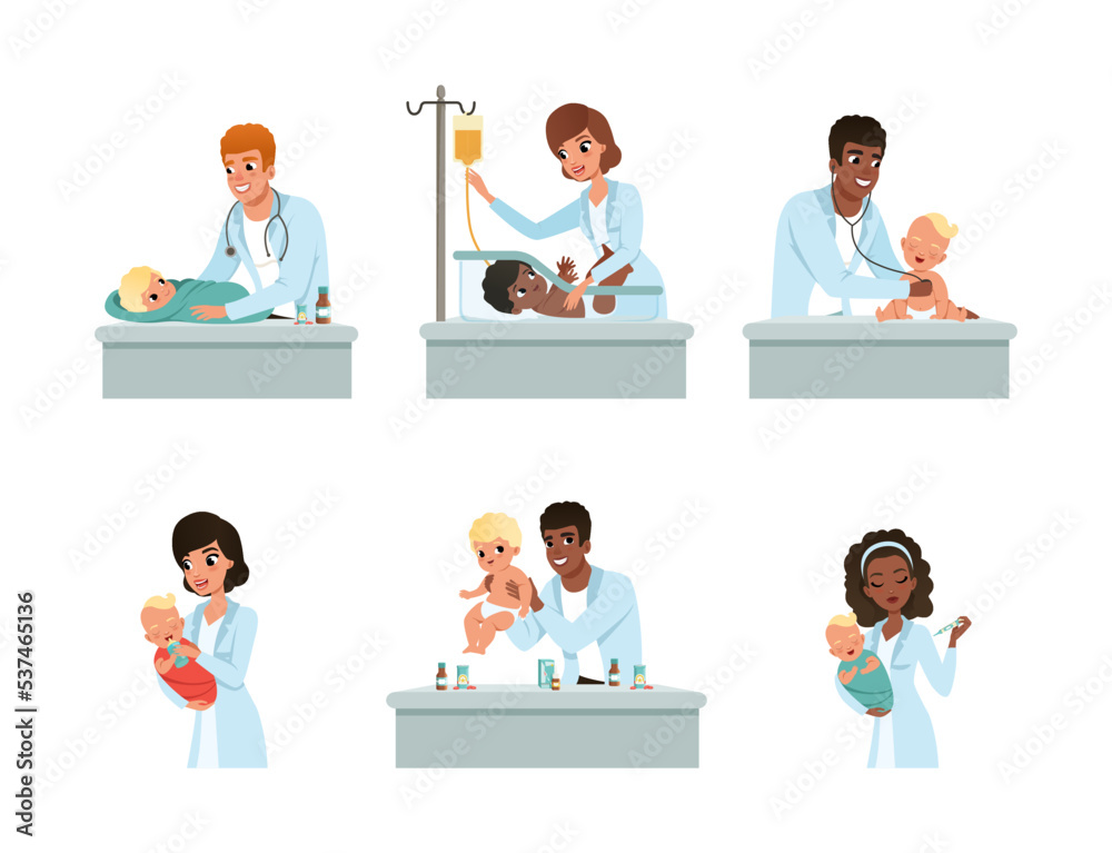 Canvas Prints Man and Woman Pediatrician or Medical Doctor Performing Baby Checkup and Examination Vector Set