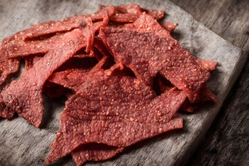 picture of beef jerky, dried meat, a food item with long shelf life