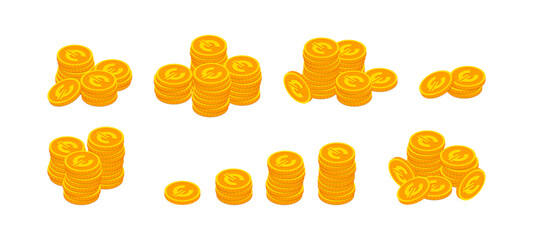 Vector Isometric gold coins with euro sign stack set. 3d pile of golden money cash symbol collection isolated on white. Banking, business, financial European currency concept for web, app, infographic