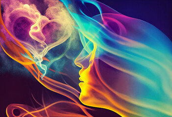 A woman's side face and heart shape smoke in universe as a human romantic emotion