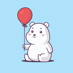Obraz na płótnie Canvas Cute kawaii baby polar bear cub holding a red balloon vector cartoon illustration
