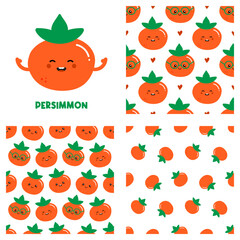 Cute cartoon style persimmon character and set, collection of three persimmons vector seamless pattern backgrounds. 