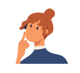 Woman thinking, imagining, face portrait. Happy excited thoughtful girl with idea in mind, gesturing finger up. Expression of enthusiasm. Flat graphic vector illustration isolated on white background