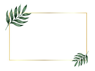Tropical green palm leaves card template. Elegant decorative floral golden frame. Good for sales, design of postcards, packaging, covers, cases and other surfaces.