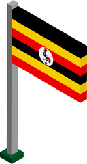 Uganda Flag on Flagpole in Isometric dimension.