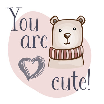 Face of cute teddy bear with text you are cute, isolated icon vector illustration cartoon design