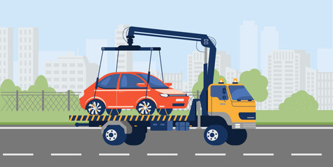 Car towing truck evacuating vehicle from highway, flat vector illustration.
