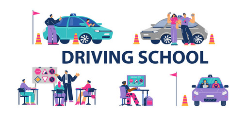 Driving school banner with people characters flat vector illustration isolated.