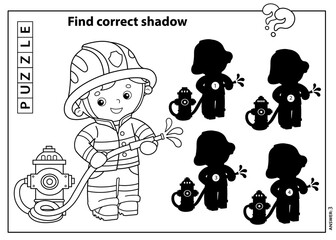Puzzle Game for kids. Find correct shadow. Coloring Page Outline Of cartoon fireman or firefighter with a fire hydrant. Profession. Coloring book for children.