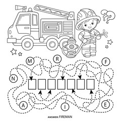 Maze or Labyrinth Game. Puzzle. Tangled road. Coloring Page Outline Of cartoon fireman or firefighter with fire truck. Fire fighting. Coloring book for kids.