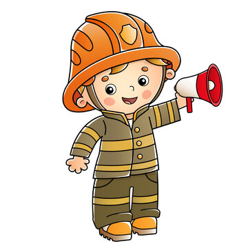 Cartoon fireman or firefighter with a megaphone or horn. Profession. Colorful vector illustration for kids.