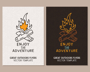Camping flyer templates. Travel adventure posters set with line art and flat emblems and quotes - Enjoy the adventure. Summer A4 cards for outdoor parties. Stock