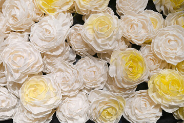 White and light yellow open roses in patterns.