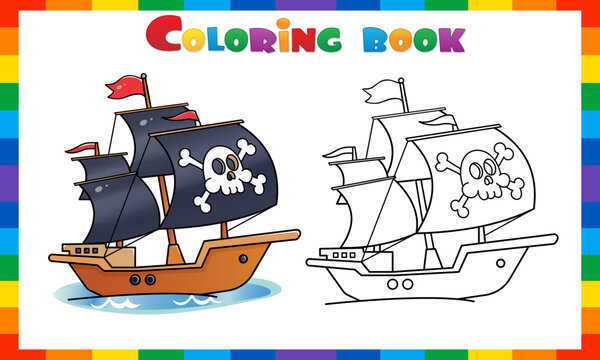 Coloring Page Outline Of Cartoon pirate ship. Sailboat with black sails with skull in sea drawing. Coloring book for kids.