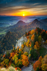 A beautiful view of the Pieniny Mountains from the top of Three Crowns peak at sunset. Poland
