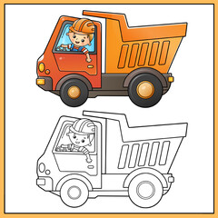 Coloring Page Outline Of cartoon lorry or dump truck with worker. Construction vehicles. Coloring book for kids. © oleon17