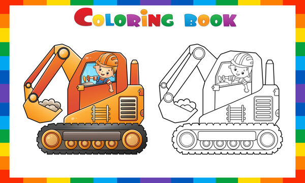 Coloring Page Outline Of cartoon crawler excavator with worker. Construction vehicles. Coloring book for kids.